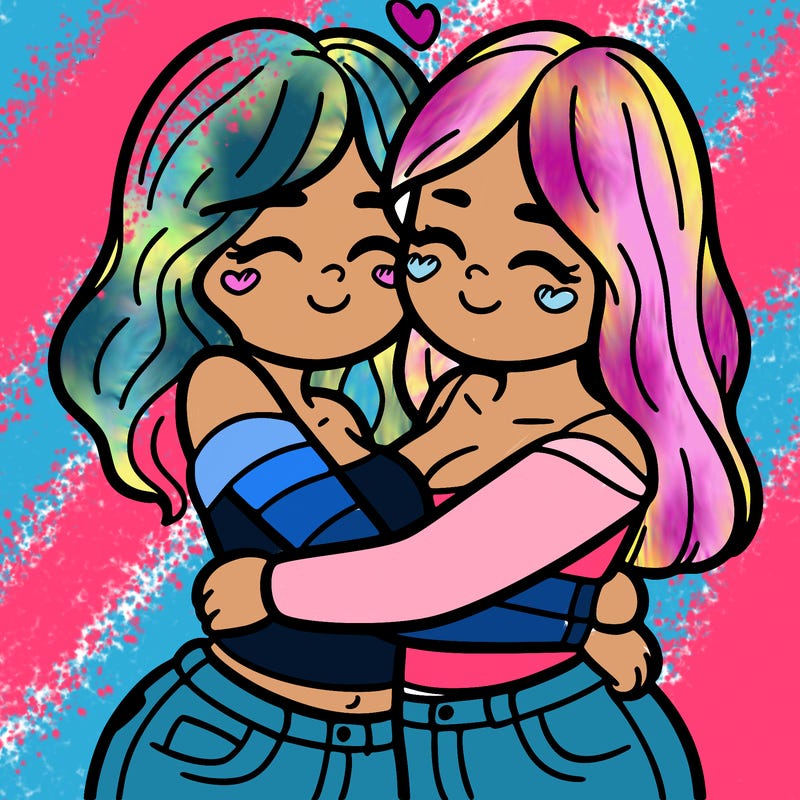two females (pride month) hugging