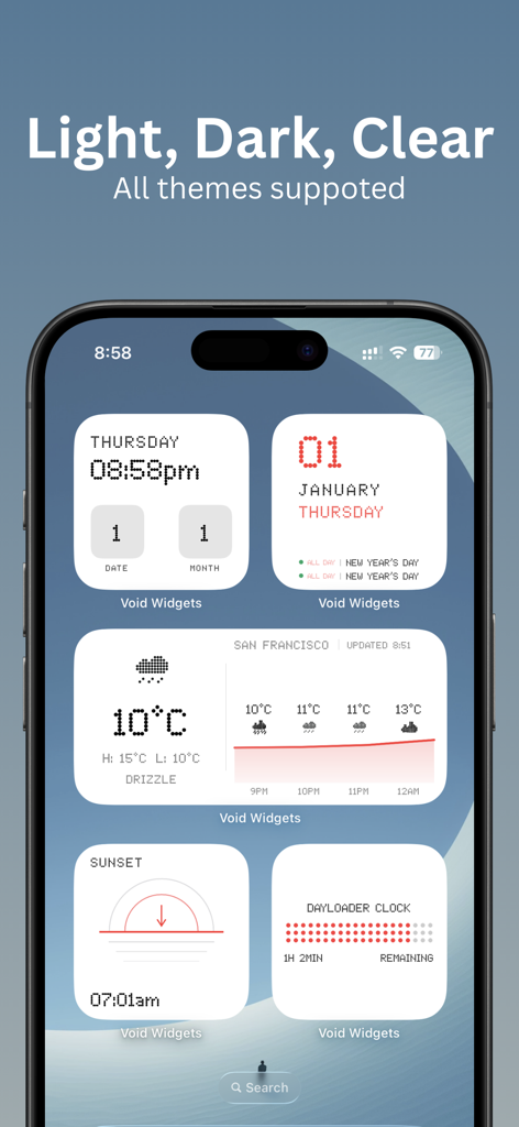 Void Widgets - Retro & Minimal - Uma coleção de widgets iOS retrô e minimalistas do Void Widgets, incluindo relógio, clima e calendário, exibidos em um iPhone.