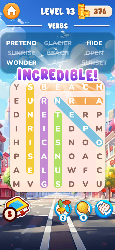 A completed puzzle level in the Word Search - English mobile app with highlighted words and a celebratory Incredible message.