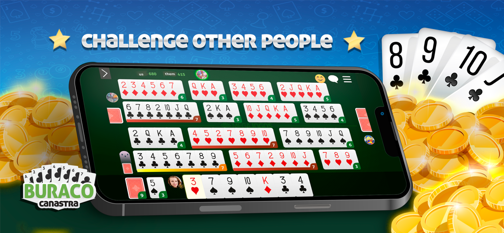 Ein Smartphone zeigt ein Online-Burraco-Kartenspiel-Match mit dem Text Challenge Other People