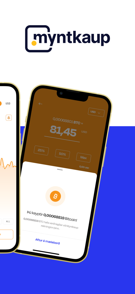 Myntkaup mobile app interface showing a successful Bitcoin transaction confirmation