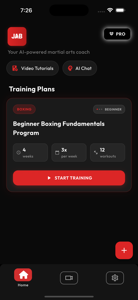 Interfaz de la aplicación JAB AI que muestra un programa de entrenamiento de fundamentos de boxeo para principiantes