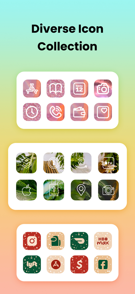 Theme Store - Theme Changer - A variety of aesthetic app icon packs including pink glitter, nature green, and Christmas designs for iPhone customization.
