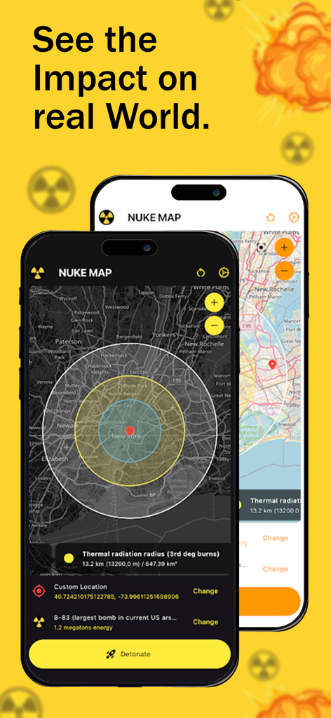 Nuke Map | Nuke Simulator - Nuke Map app interface showing nuclear blast radius simulation on a real world map of New York City
