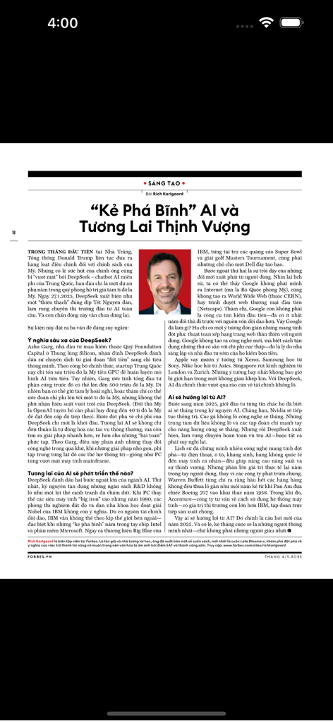 Un artículo de revista en vietnamita titulado 'La IA Disruptiva y el Futuro Próspero' dentro de la aplicación Forbes Vietnam.