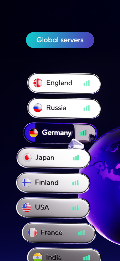 Interface of VmV app showing a list of global VPN server locations including the USA, Russia, and Germany with signal strength indicators.
