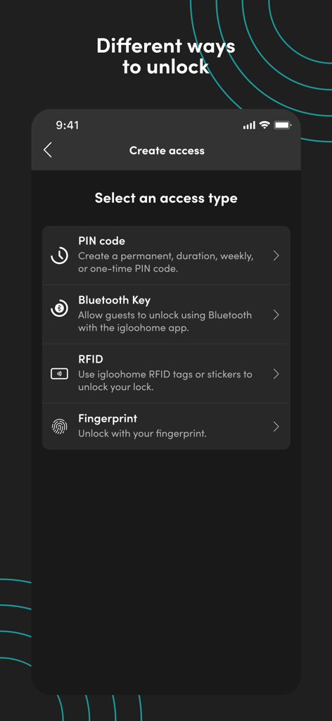 igloohome - PINコード、Bluetoothキー、RFID、または指紋によるアクセス作成オプションを表示するigloohomeアプリのインターフェース