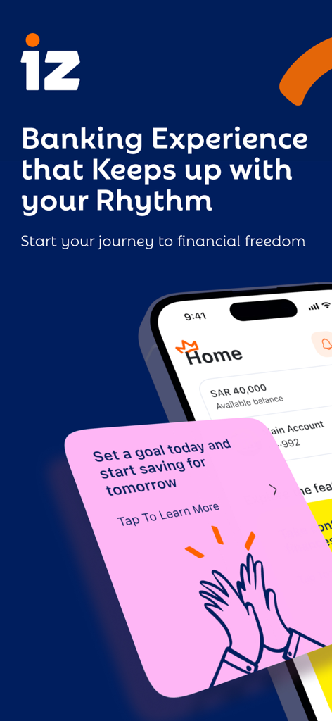 iz - Banking Experience - iz banking app interface showing saving goals feature and dashboard