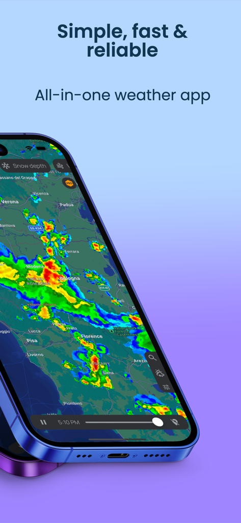 Rain Radar App - Rain Radar app interface on an iPhone displaying a live precipitation map with storm data