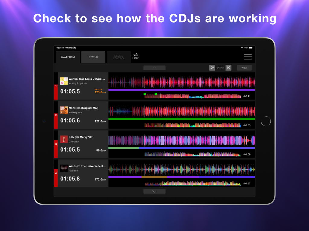 Stagehand: PRO DJ LINK Manager - iPad screen showing the Stagehand app waveform display for monitoring multiple CDJ units.