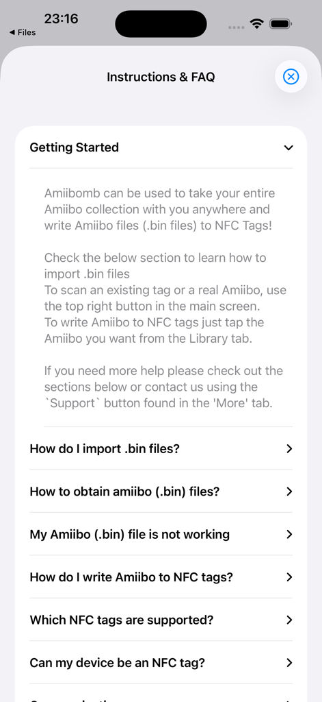 Tela de Instruções e FAQ no aplicativo Amiibomb mostrando guias para usar tags NFC e arquivos bin.