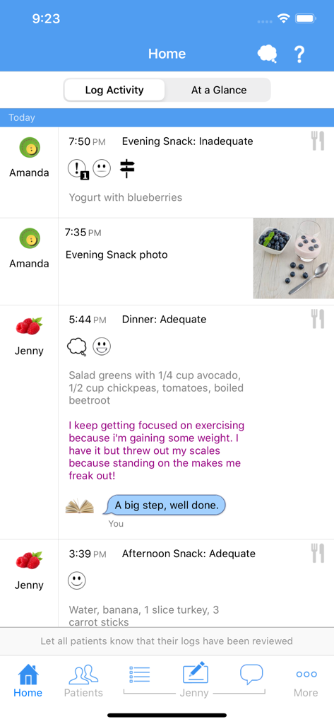 Recovery Record for Clinicians - Interface of the Recovery Record for Clinicians app showing real-time patient activity logs including meal details and clinician feedback.