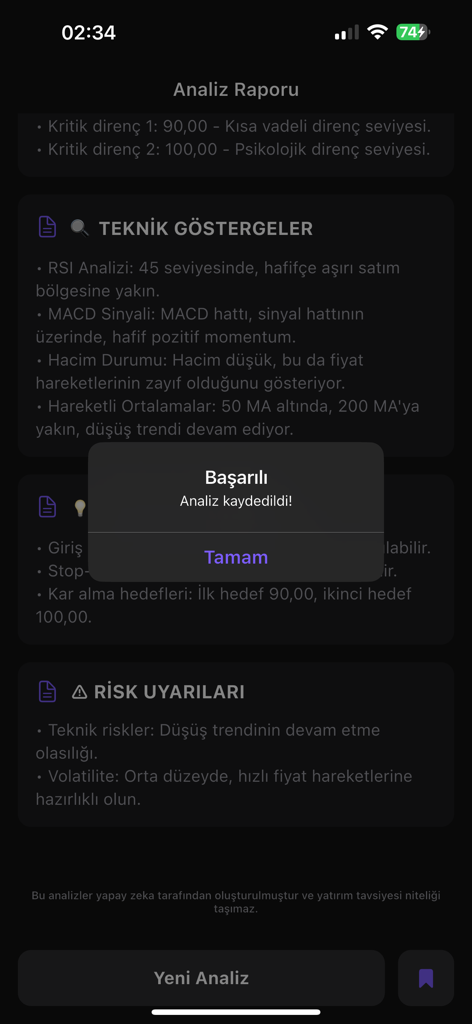 A smartphone screen displaying a successful crypto analysis report save confirmation within the Coinalyze app.