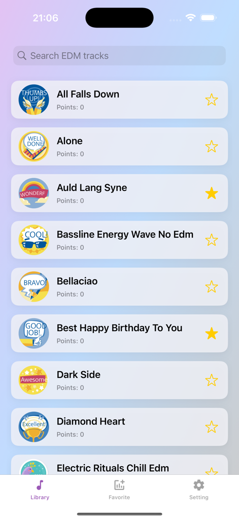 Interfaz de la biblioteca de música EDM de Pop Piano que muestra una lista de canciones con títulos de pistas y puntos
