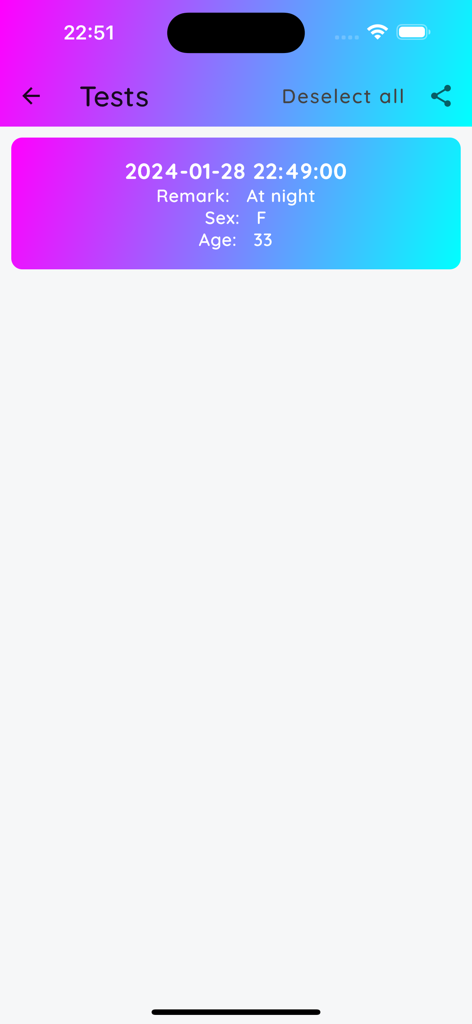 Stroop Buddy - La pantalla de Pruebas en Stroop Buddy mostrando un registro guardado con metadatos de edad y sexo del participante.