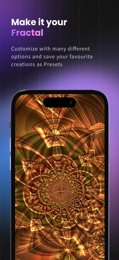Magic Fractals 2D: Art Therapy - A smartphone screen displaying an intricate golden fractal pattern with text about customization and saving presets