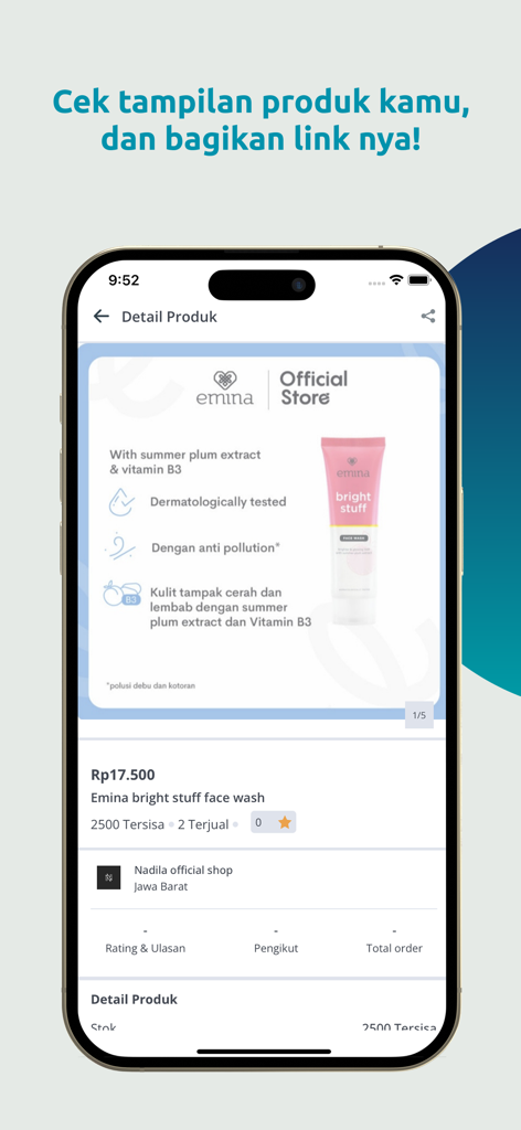PaDi UMKM Seller - A mobile interface of the PaDi UMKM Seller app showing a product detail page for a skincare item with price and seller information