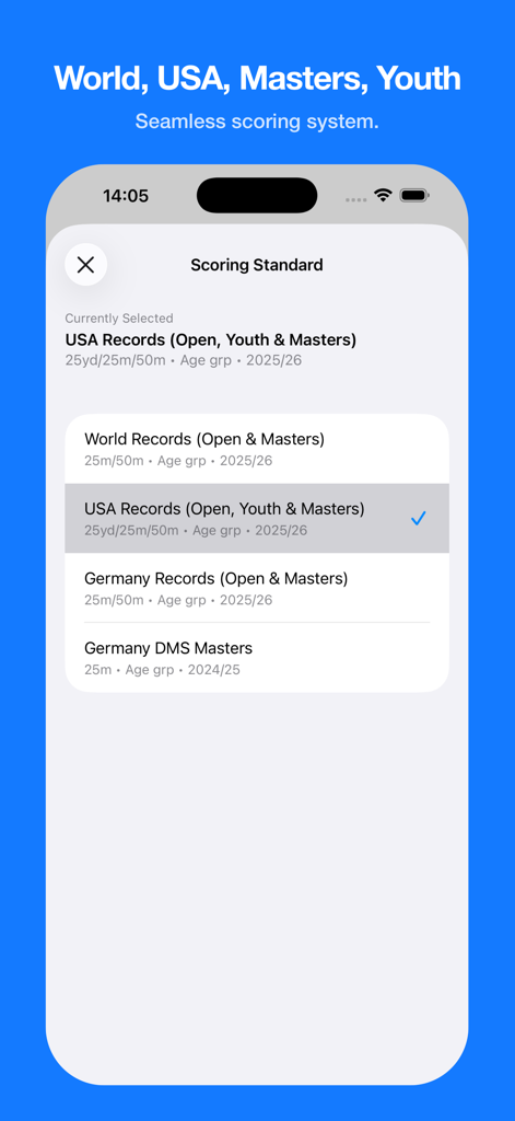 SwimX - Swim Time Converter - SwimX app screen showing various swimming scoring standards for World USA and Germany records