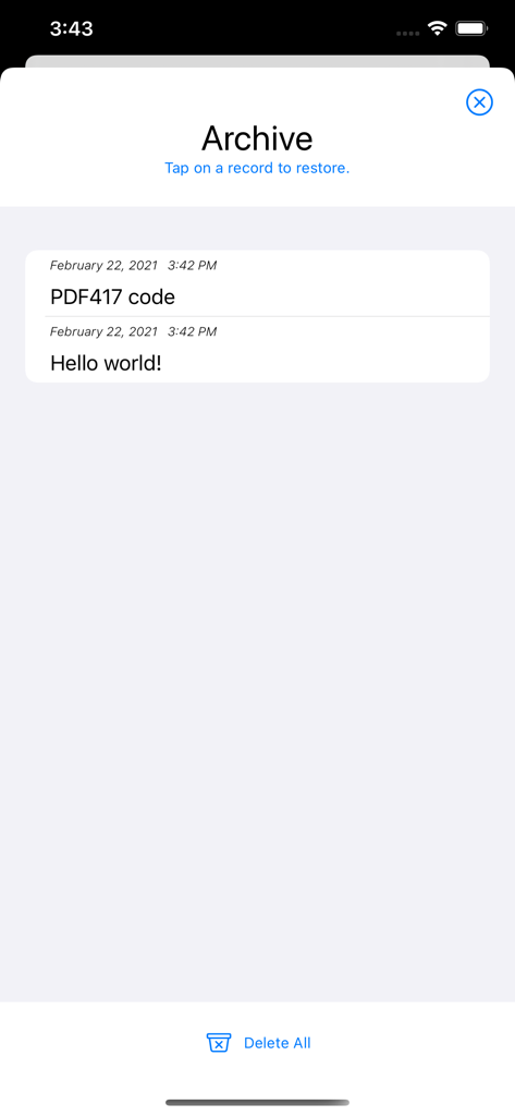 PDF417 DECO - PDF417 DECOアプリのアーカイブ画面に、保存されたバーコードスキャン履歴のリストが表示されています