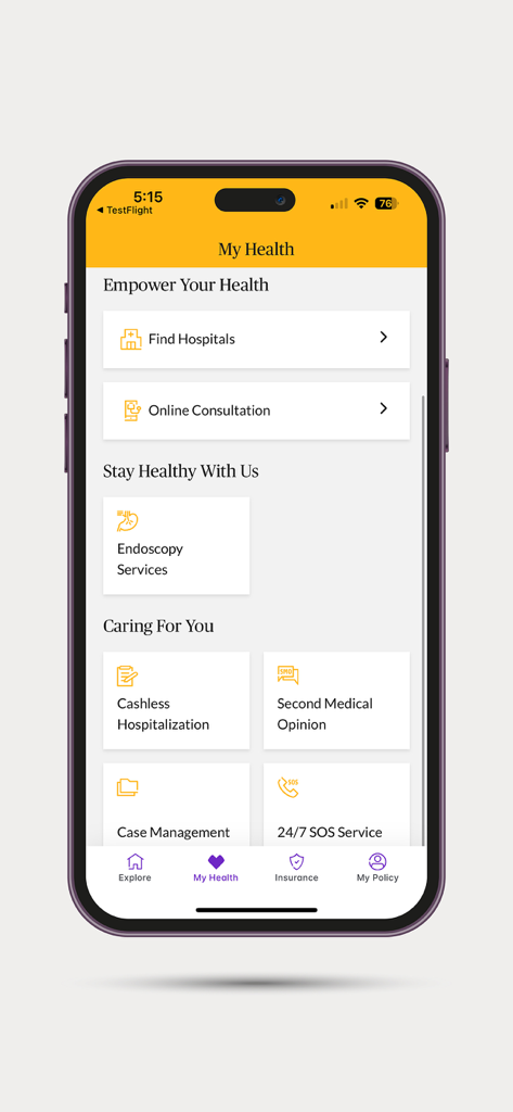 My Chubb Life - Screenshot of the My Health section in the My Chubb Life app showing healthcare options like online consultation and hospital search