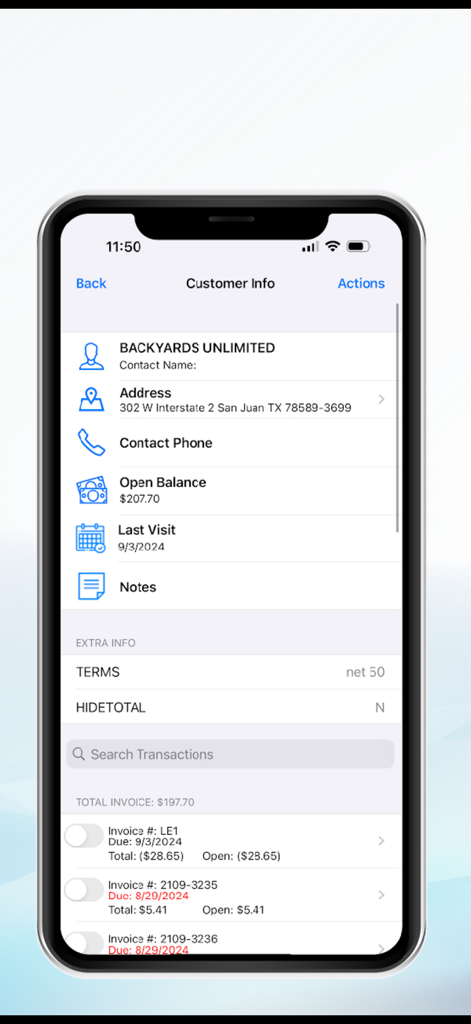 Laceup app screenshot displaying customer profile information including balance, contact details, and transaction history for field sales representatives.
