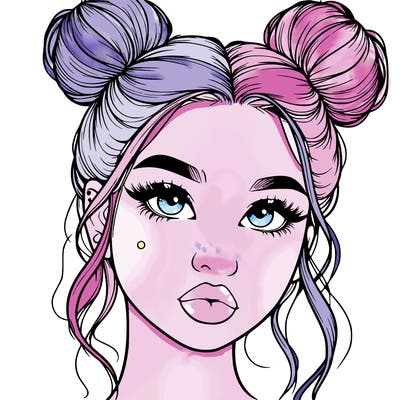 realistic girl with two buns on her hair and lips