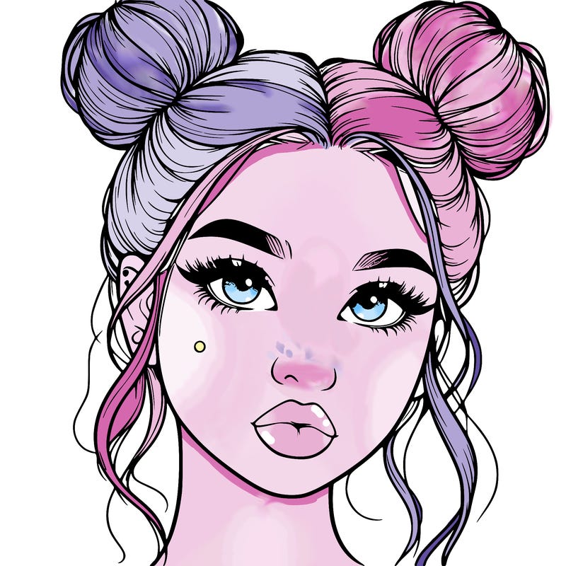 realistic girl with two buns on her hair and lips