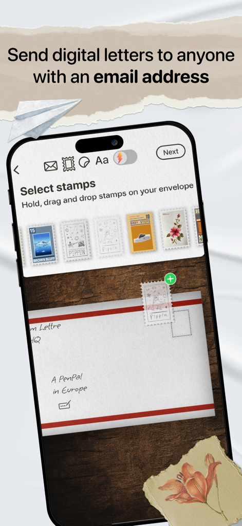 Lettre.app - PenPals for life - A smartphone screen showing the Lettre app interface for selecting and dragging digital stamps onto a handwritten envelope
