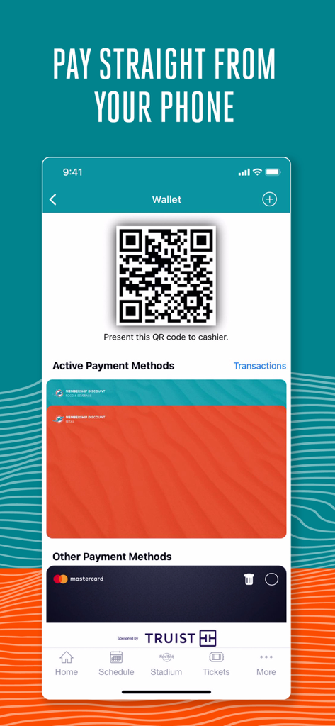 Miami Dolphins - Mobile wallet screen of the Miami Dolphins app showing a QR code for payments and stadium membership discounts