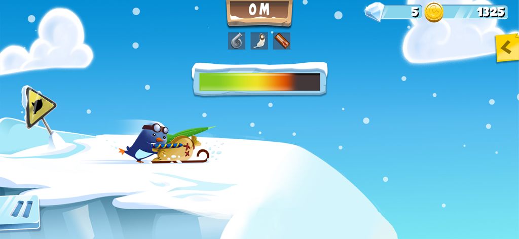 Learn 2 Fly: Penguin game - A blue penguin pushing a test dummy on a sled off a snowy cliff in Learn 2 Fly