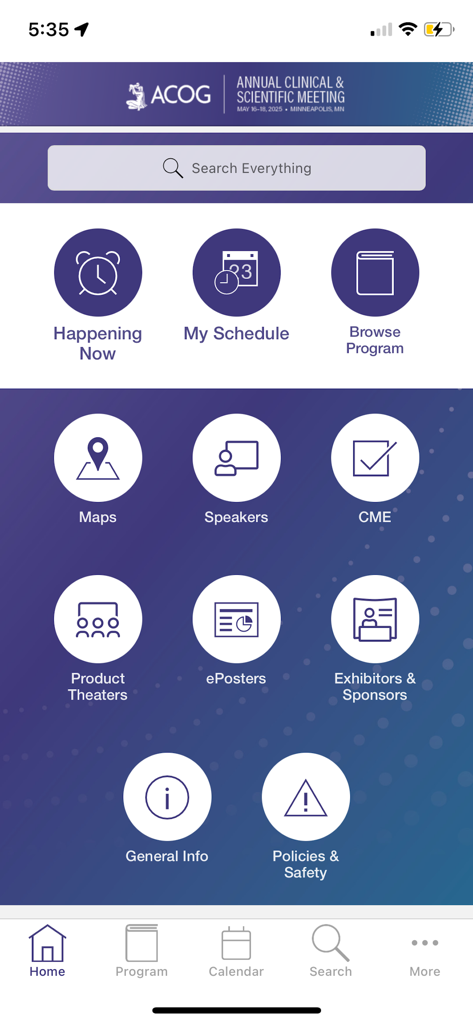 ACOG Events - Home screen of the ACOG Events app showing navigation icons for schedule, program, and CME.
