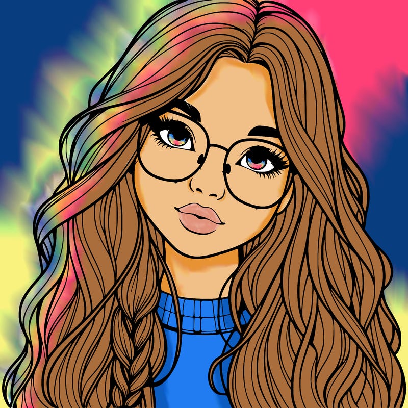 girl with long hair and freckles and glasses realistic