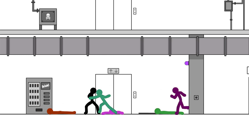 Personnages de stickman colorés engagés dans un combat de rue à l'intérieur d'un couloir d'immeuble avec des ascenseurs