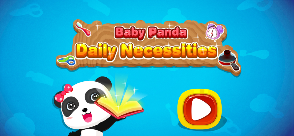 Baby Panda Daily Necessities - Écran titre de l'application Bébé Panda : Les Essentiels du Quotidien mettant en scène un bébé panda avec un livre lumineux et des icônes d'objets ménagers.