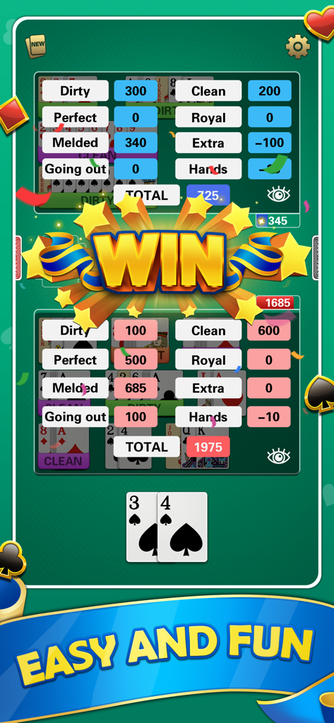 Win screen of Buraco card game showing detailed scores and categories on a green background