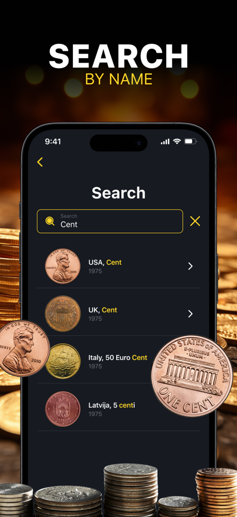 Coin Identifier: Money Scanner - Una pantalla de búsqueda en la aplicación Identificador de Monedas mostrando resultados de búsqueda de centavos de diferentes países como EE. UU., Reino Unido e Italia