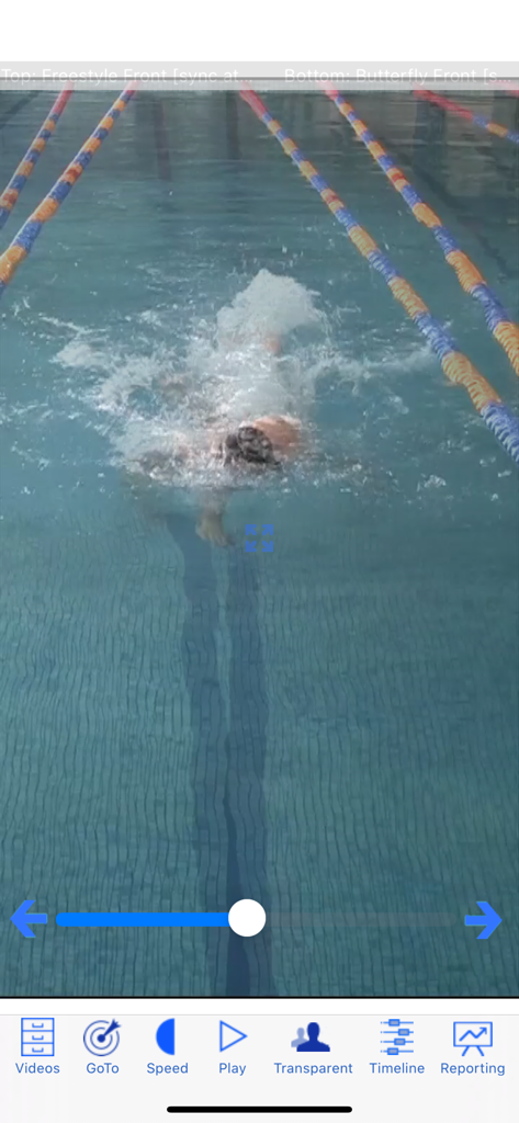 Swim Coach Plus HD - Video playback of a swimmer in a pool with coaching tools for technique analysis