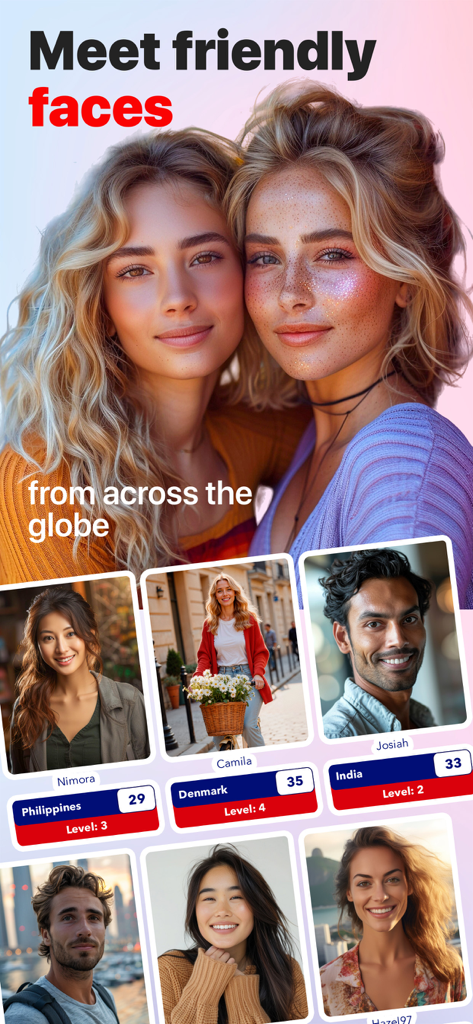 Hello - Talk, chat in English - Profiles of diverse English learners from around the world showing their proficiency levels and countries.