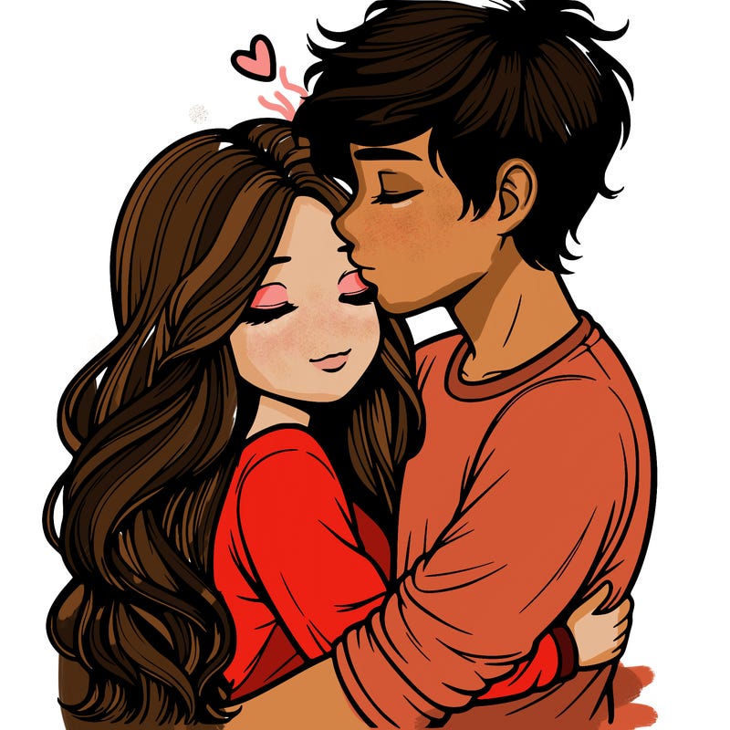 a realistic couple boy and girl hugging and kissing