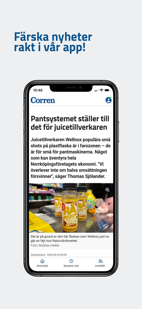 Corren - Smartphone-Bildschirm mit einem lokalen Nachrichtenartikel in der mobilen Corren-App