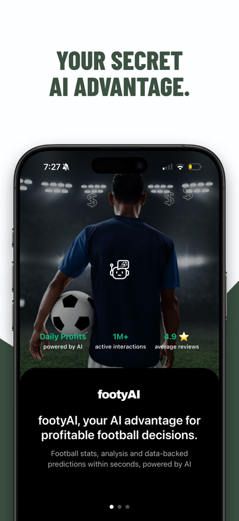 footyAI: Football Predictions - footyAI app promotional screen featuring a soccer player and text highlighting AI driven football predictions and stats
