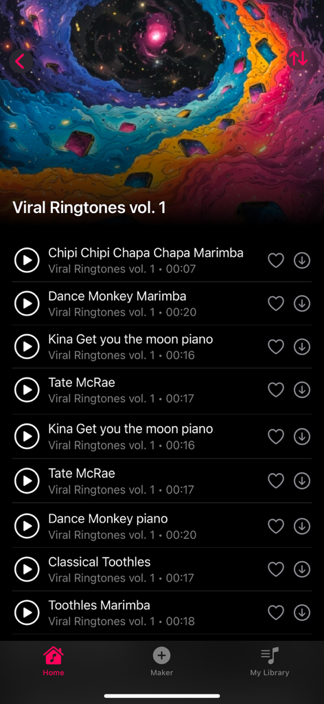 RINGTONE MAKER #1 for iPhone - Una lista de tonos de llamada virales de moda para iPhone dentro de la interfaz de la aplicación Ringtone Maker