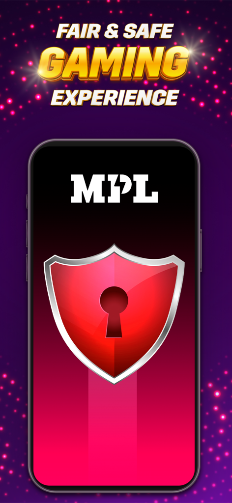 MPL app screen promoting a fair and safe gaming experience with a security shield icon