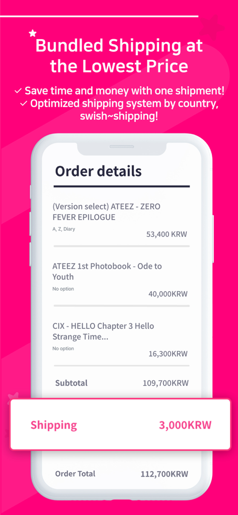 Order details screen in Whosfan Store app highlighting low cost bundled shipping