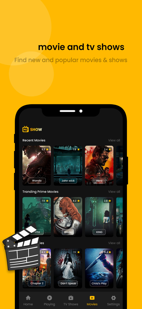 Interface of the OTT Watch List app for Pikashow showing a list of trending movies and TV shows on a yellow background.