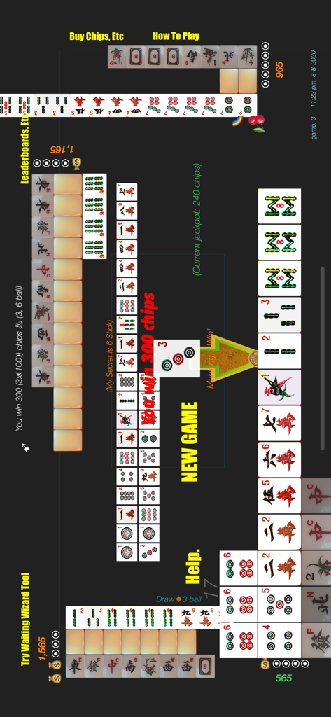 Schermata di gioco di Pinoy Mahjong che mostra una vincita di 300 chip e tessere tradizionali
