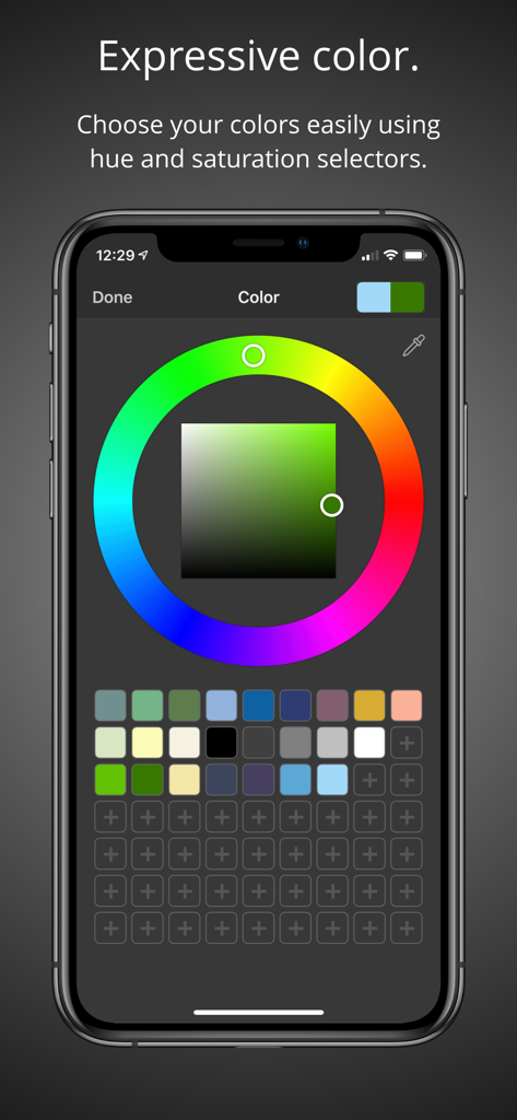 Brushes - Brushes 4 app color picker screen featuring a hue ring saturation square and color swatches
