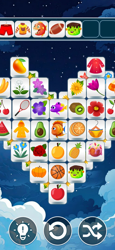 Sweet Fusion: Tile Match - フルーツと花のアイコンが付いたハート型のタイルマッチングパズル