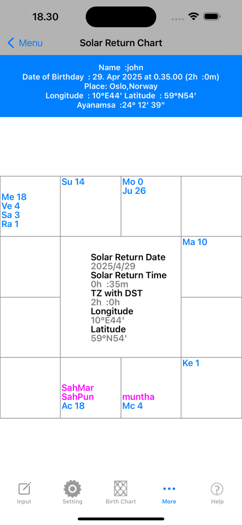 iHoroscope Vedic - Vedic astrology solar return chart with planetary data and grid layout