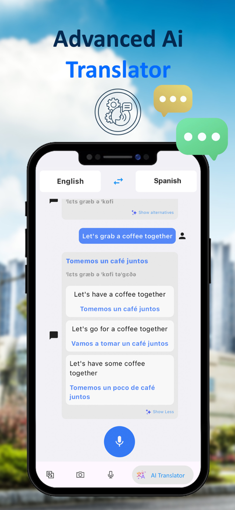 Interface de smartphone d'une application de traduction IA montrant la traduction de conversation anglais vers espagnol